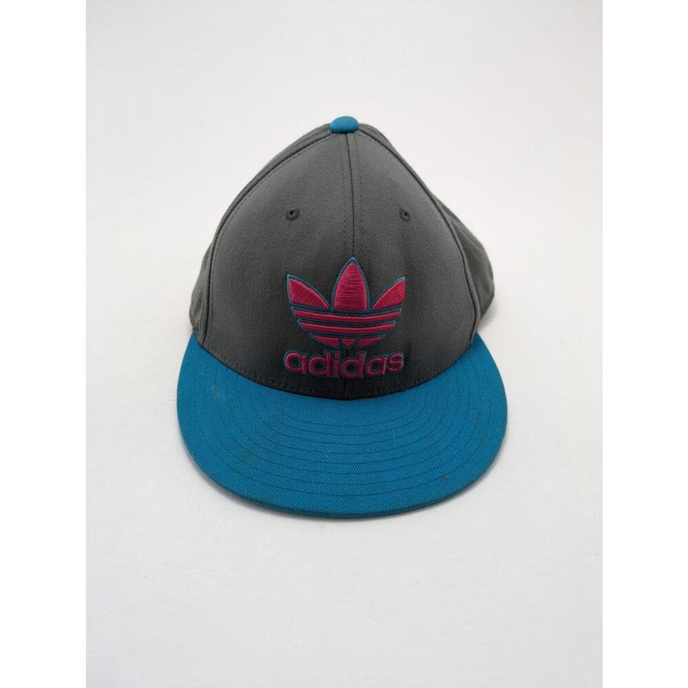 VTG Adidas Trefoil Logo Gray Pink Blue Hip Hop 210 Fitted Hat Size 7 1/4- 7 5/8
